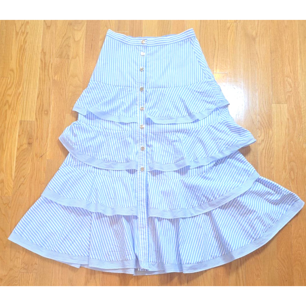 Sandro 38 Blue White Stripe Maxi Skirt Button Front Ruffle Coastal Preppy Resort - Picture 5 of 11